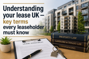 Understanding your lease UK legal guide image showing lease agreement, property model, and law books