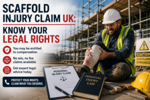 Scaffold injury claim UK image showing injured construction worker and legal claim concept on site