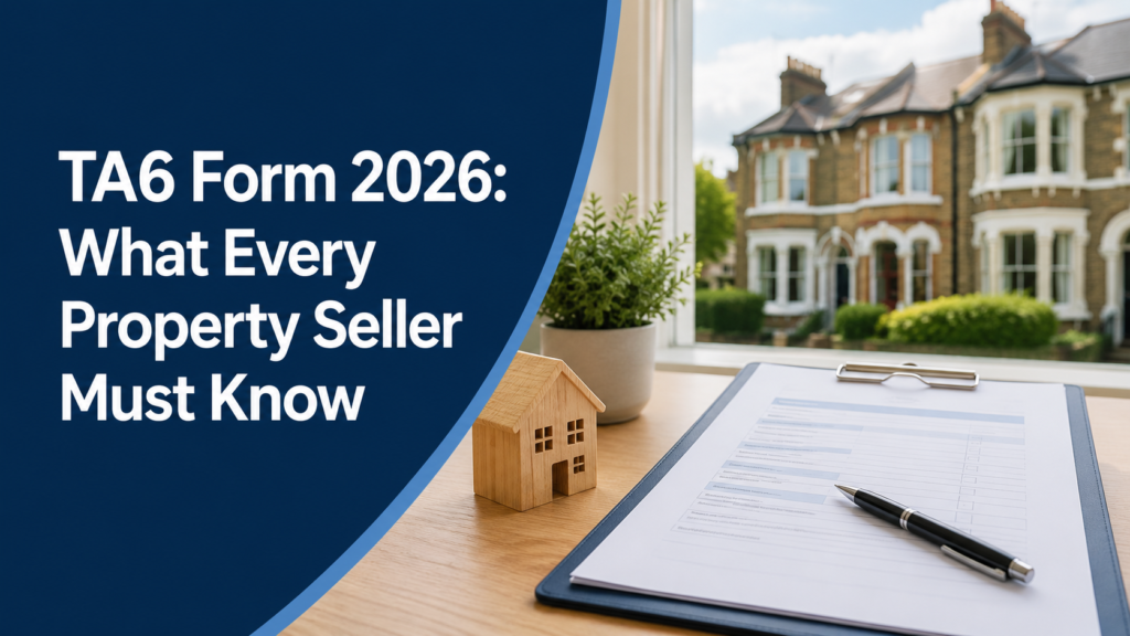 TA6 Form 2026 guide for property sellers with legal paperwork, house model, and UK residential property background.