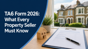 TA6 Form 2026 guide for property sellers with legal paperwork, house model, and UK residential property background.