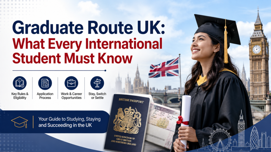 Graduate Route UK guide image showing an international student in graduation gown with UK landmarks and visa-related icons.