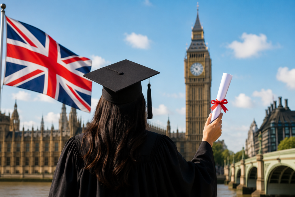 Graduate Route UK image showing an international graduate holding a diploma near Big Ben and the UK flag.