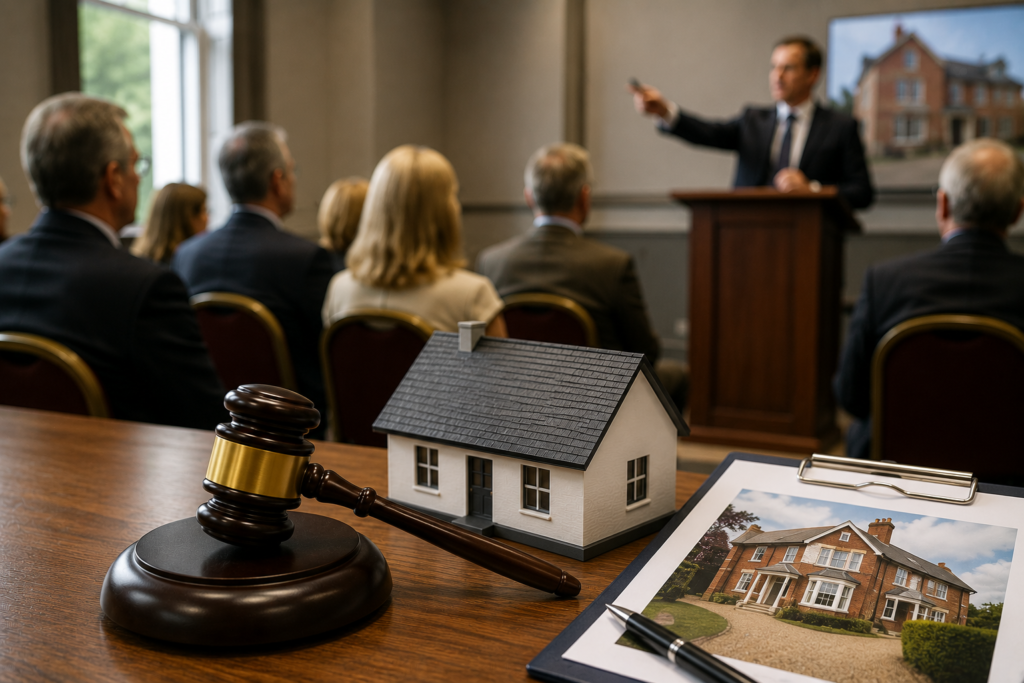 Buying Property at Auction UK concept with auction gavel, model house, property brochure, and auction room