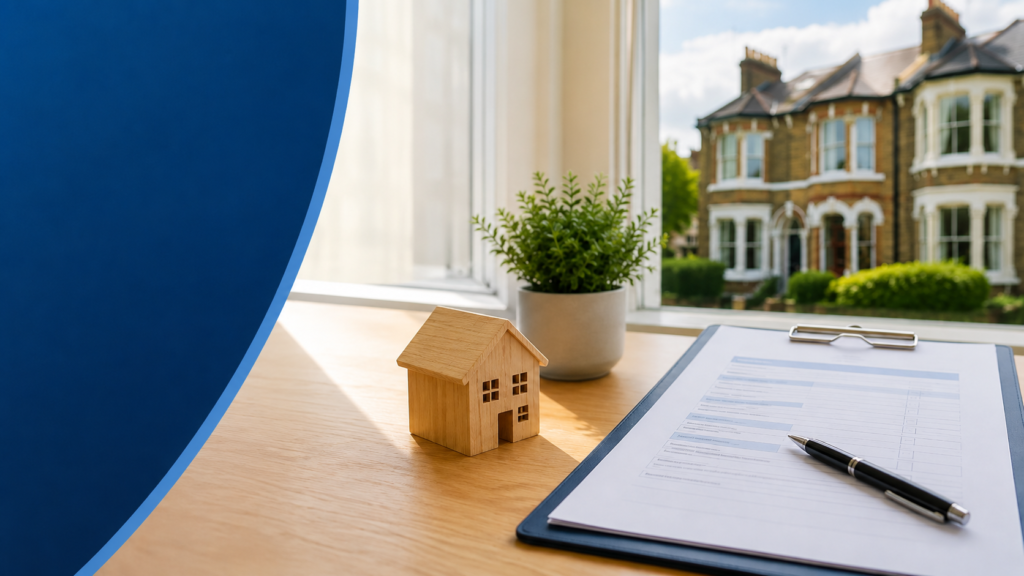 TA6 Form 2026 property selling concept with conveyancing documents, pen, house model, and UK homes in the background.
