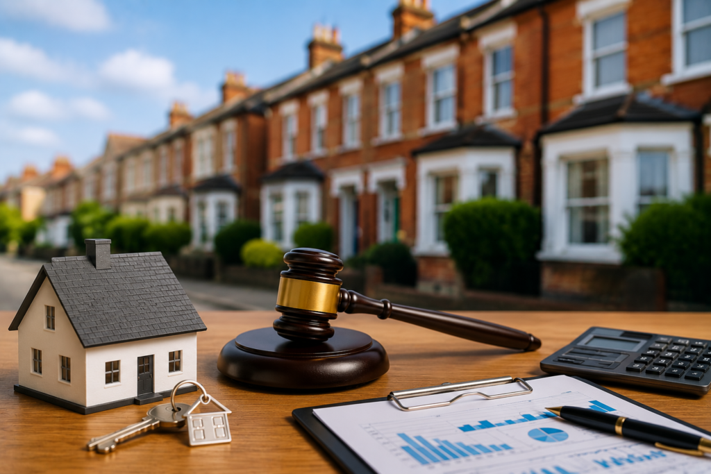 Renters rights act 2026 concept with house model, keys, calculator, and legal desk setup
