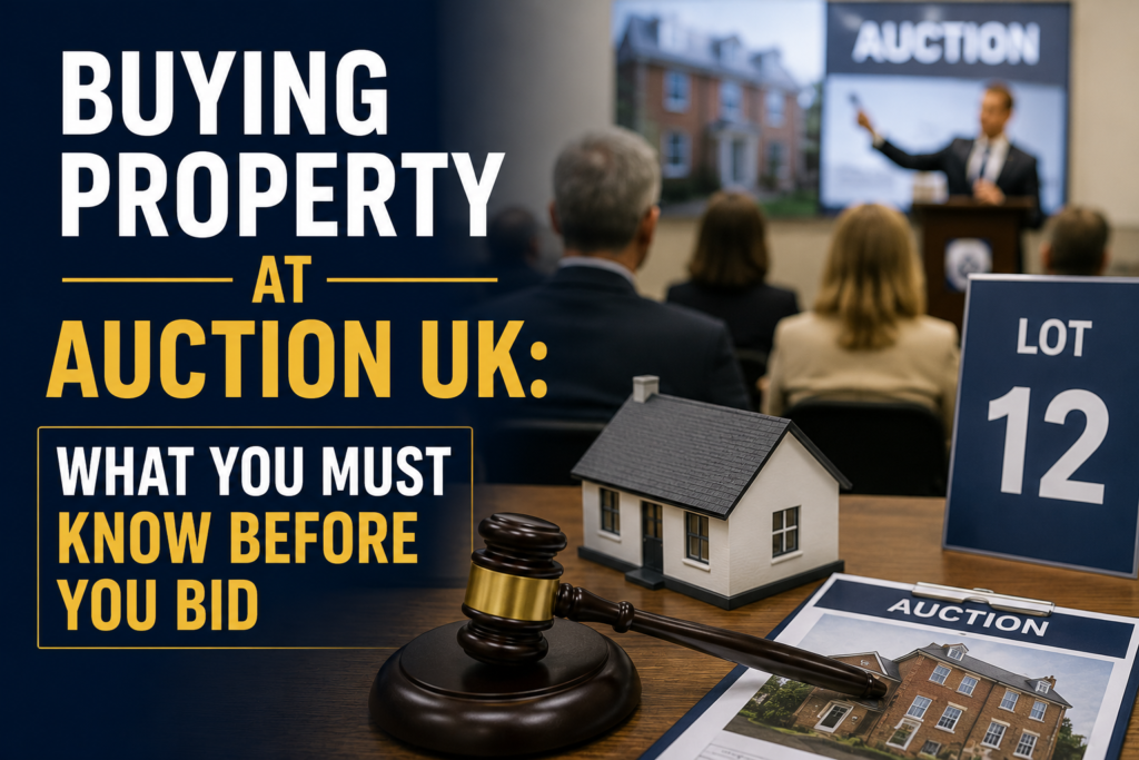 Buying Property at Auction UK image showing auction gavel, model house, property catalogue, and live property auction