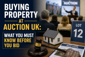 Buying Property at Auction UK image showing auction gavel, model house, property catalogue, and live property auction