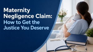 Maternity Negligence Claim image showing a mother holding a newborn from behind in a hospital room with legal and medical documents.