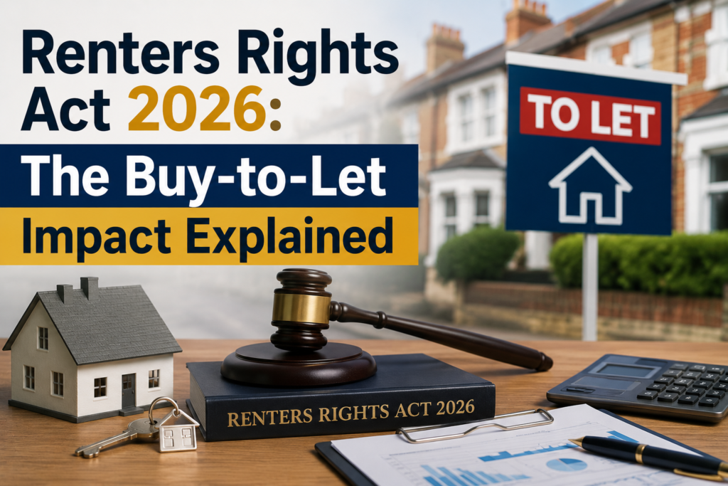 Renters rights act 2026 image showing buy to let property, legal gavel, and housing market concept