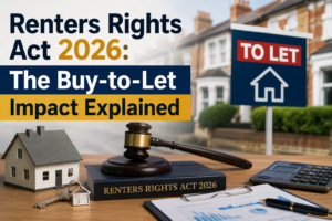 Renters rights act 2026 image showing buy to let property, legal gavel, and housing market concept