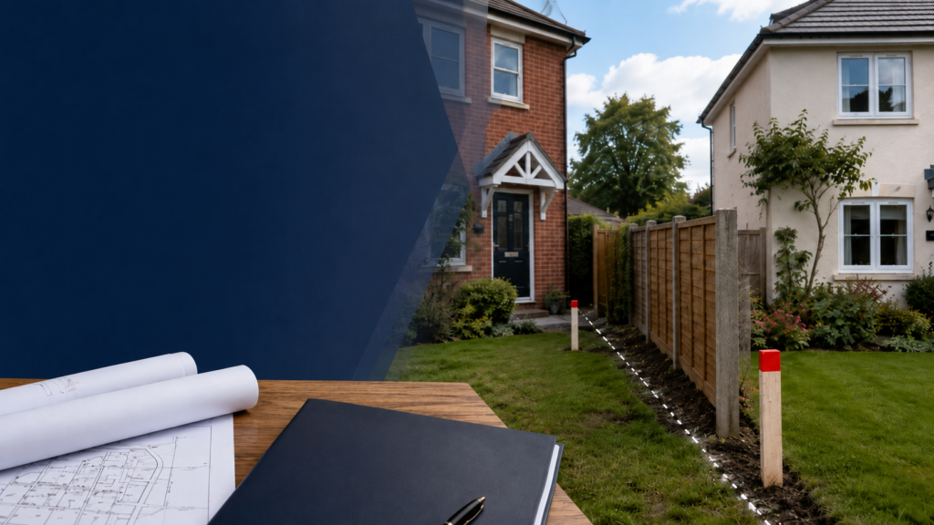 Property Boundary Dispute concept featuring two neighbouring houses, a garden fence, marked boundary lines and architectural plans.
