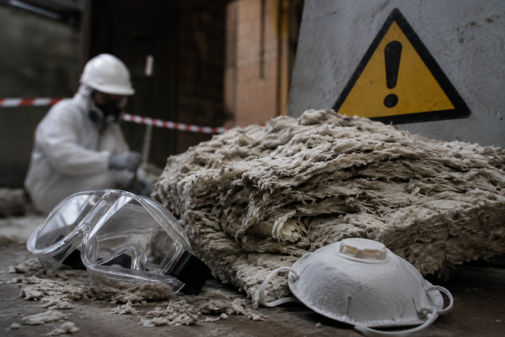 Asbestos Exposure Claim UK image showing damaged insulation material, protective goggles, a respirator mask and a worker wearing safety equipment.