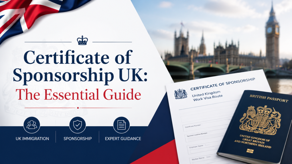 Certificate of Sponsorship UK concept showing a Union Jack, official-style certificate folder, passport and London landmarks on a professional desk.