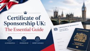 Certificate of Sponsorship UK concept showing a Union Jack, official-style certificate folder, passport and London landmarks on a professional desk.
