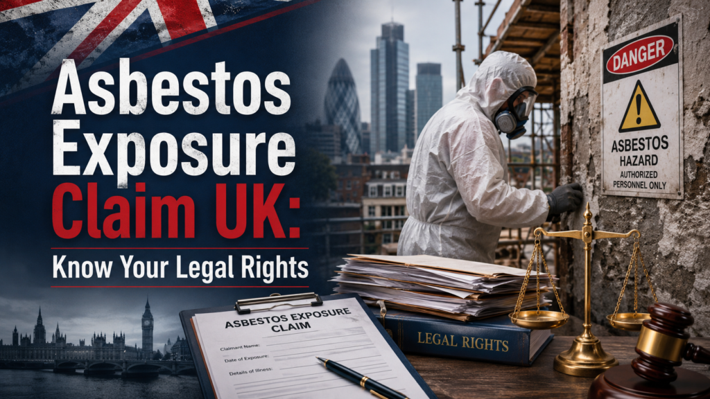 Asbestos Exposure Claim UK graphic showing a protected worker at a hazardous construction site alongside legal documents, scales of justice and a UK city backdrop.