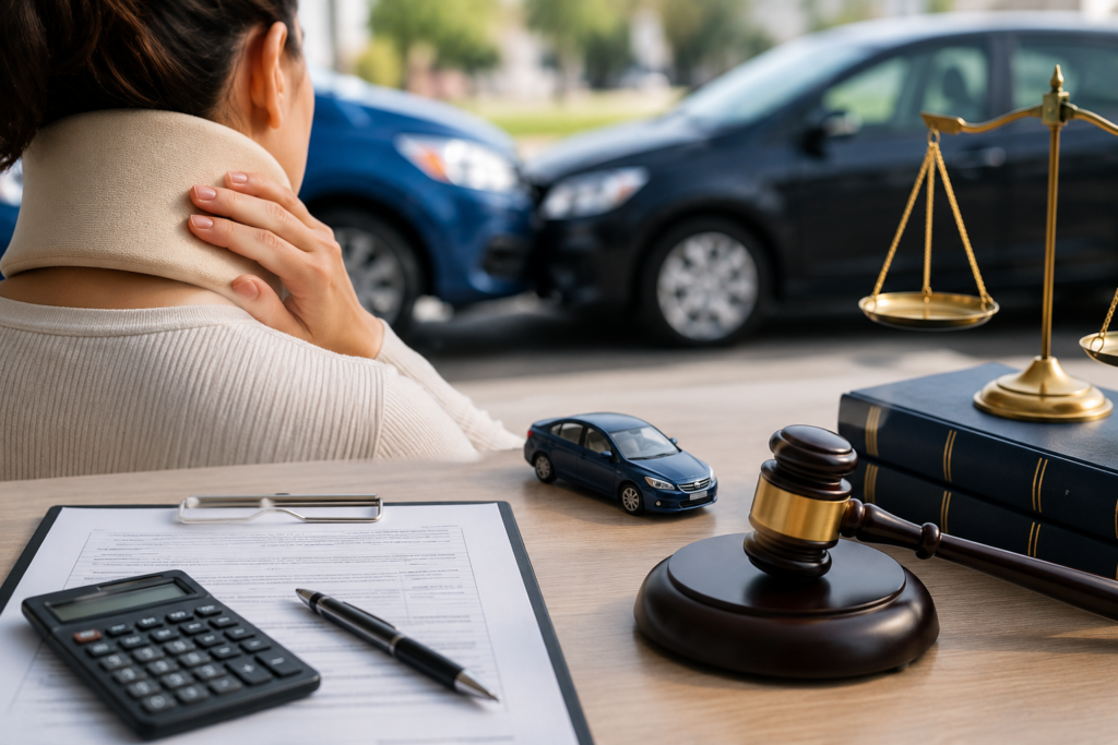 Whiplash Reform UK concept showing an injured person wearing a neck brace, damaged cars, legal scales and claim documents.