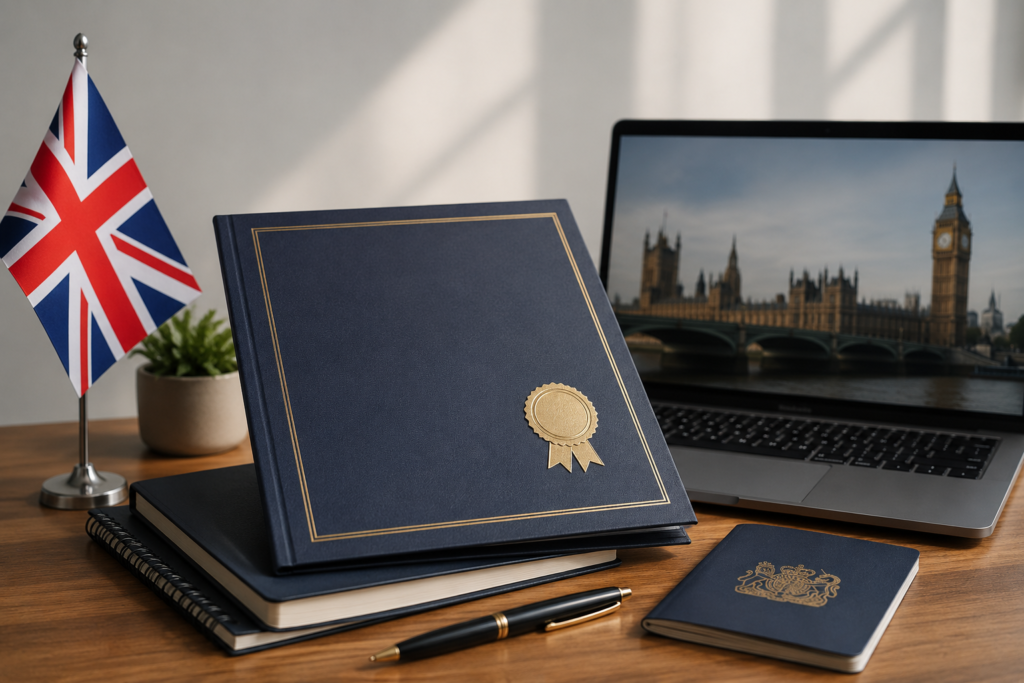 Certificate of Sponsorship UK guide featuring the UK flag, London landmarks, sponsorship documents and a British passport.