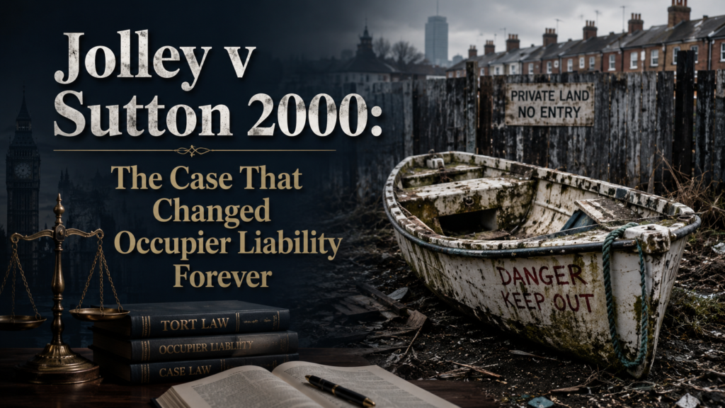 Jolley v Sutton 2000 legal graphic showing an abandoned boat, warning signs, law books and scales of justice representing occupiers’ liability.