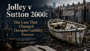 Jolley v Sutton 2000 legal graphic showing an abandoned boat, warning signs, law books and scales of justice representing occupiers’ liability.