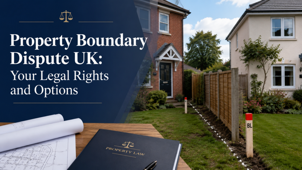 Property Boundary Dispute image showing neighbouring UK homes, a dividing fence, boundary markers and property plans.