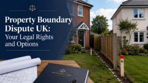 Property Boundary Dispute image showing neighbouring UK homes, a dividing fence, boundary markers and property plans.