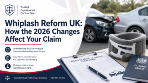 Whiplash Reform UK guide featuring a road traffic collision, neck brace, accident claim form and legal documents.