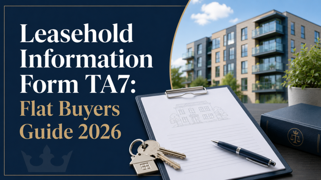 Leasehold Information Form TA7 guide for flat buyers, shown with apartment imagery, property documents, keys and legal paperwork.