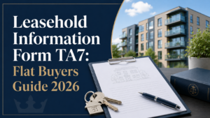 Leasehold Information Form TA7 guide for flat buyers, shown with apartment imagery, property documents, keys and legal paperwork.