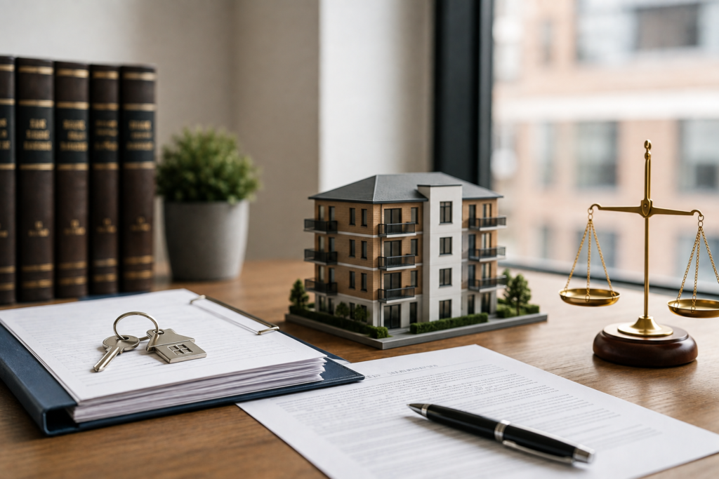 Leasehold Information Form concept with apartment model, property documents, house keys and scales of justice on a legal office desk.