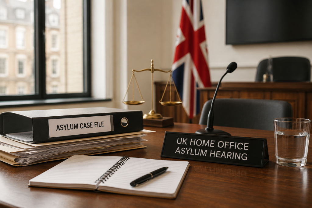 Asylum Hearing UK courtroom setting with legal documents, hearing desk, scales of justice and UK flag.
