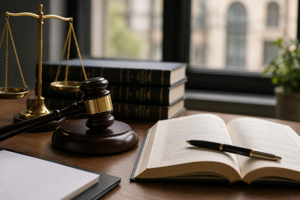 Paris v Stepney 1951 legal concept shown with a gavel, scales of justice, law books and legal documents.