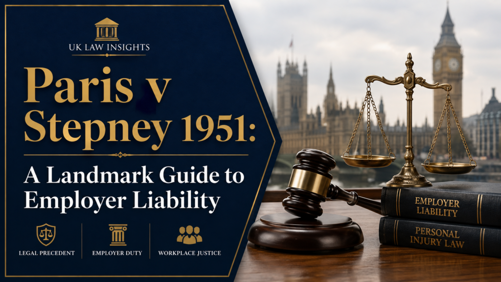 Paris v Stepney 1951 landmark employer liability case illustrated with a gavel, scales of justice and UK legal imagery.