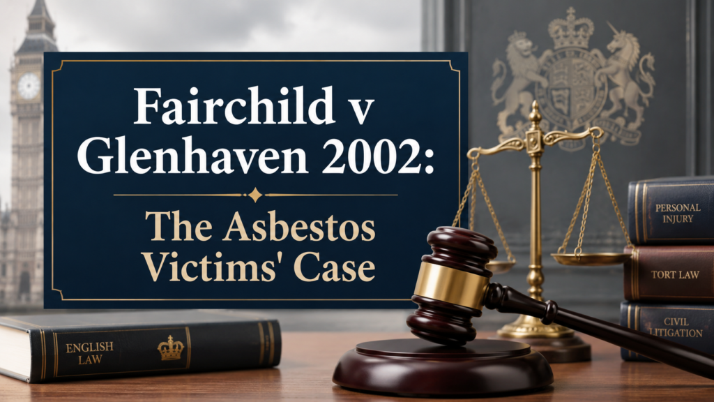 Fairchild v Glenhaven 2002 asbestos victims case with UK legal scales, gavel and law books.