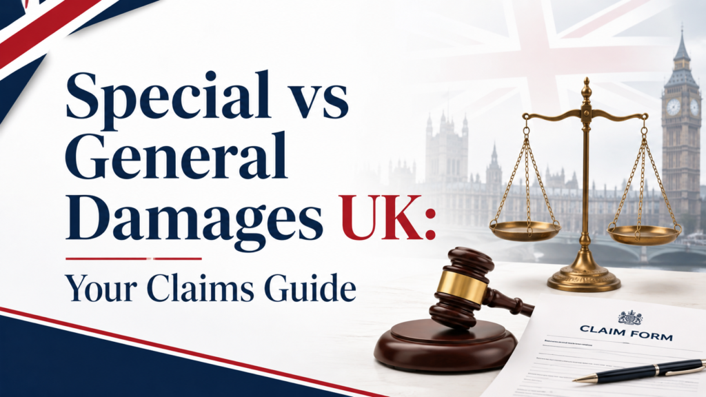 Special vs General Damages UK claims guide featuring legal scales, gavel, claim form and UK legal imagery.
