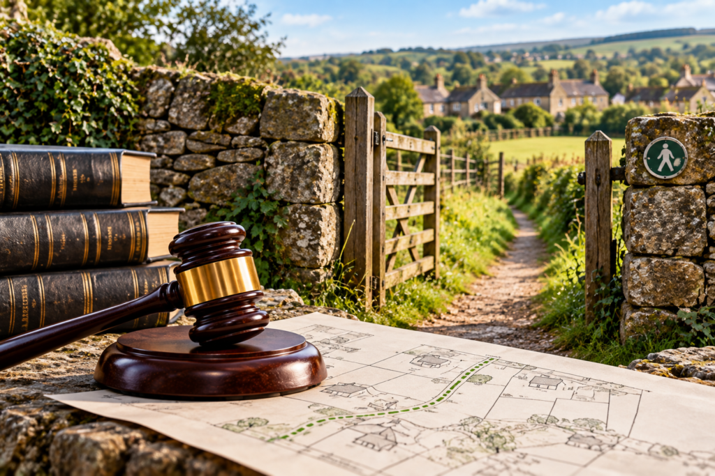 Countryside legal image showing a pathway through an open gate, property map, law books and gavel to illustrate Easement by Prescription UK.