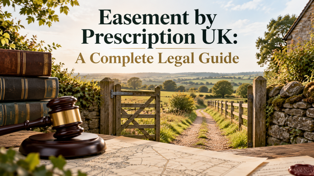 Legal guide image titled “Easement by Prescription UK: A Complete Legal Guide” with a countryside pathway, gate, law books and gavel.