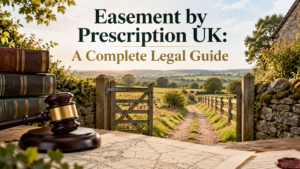 Legal guide image titled “Easement by Prescription UK: A Complete Legal Guide” with a countryside pathway, gate, law books and gavel.