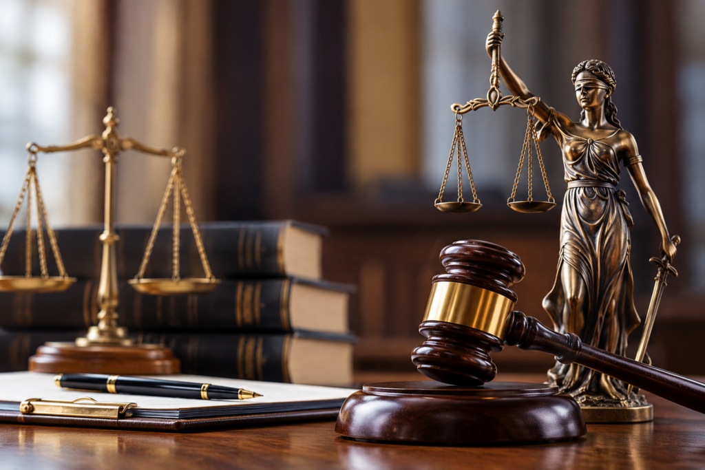 A professional legal image illustrating Res Ipsa Loquitur, featuring symbols of justice, law books and a judge’s gavel to represent negligence law and legal claims.