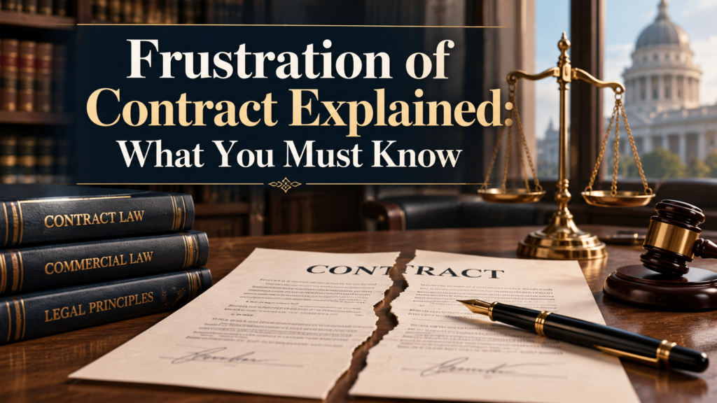 Legal image titled “Frustration of Contract Explained: What You Must Know” featuring a torn contract, law books, scales of justice and a judge’s gavel.