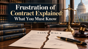 Legal image titled “Frustration of Contract Explained: What You Must Know” featuring a torn contract, law books, scales of justice and a judge’s gavel.