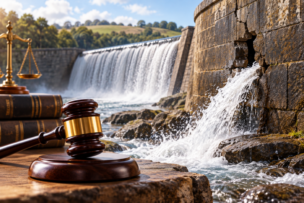 Legal-themed image showing a judge’s gavel, law books, and a damaged dam with escaping water, symbolising the legal principle in Rylands v Fletcher.