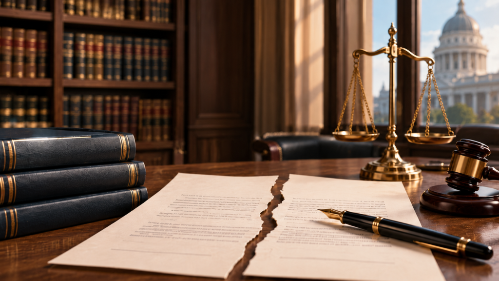 Legal-themed image showing a torn contract on a desk with law books, scales of justice and a gavel to illustrate Frustration of Contract.