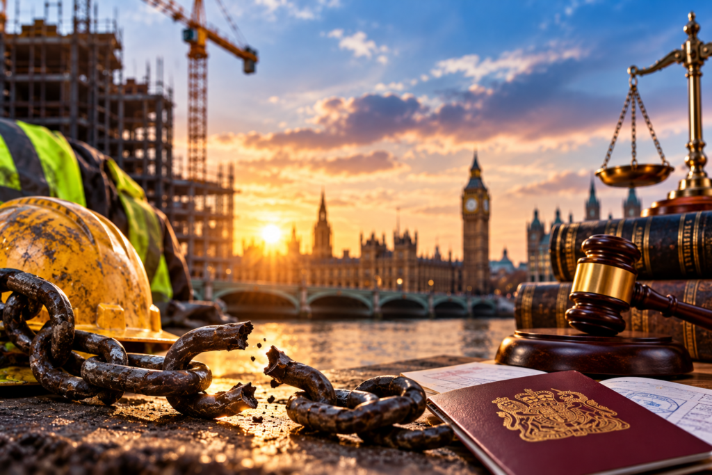 Legal image showing broken chains, construction safety gear, a UK passport, gavel and scales of justice to represent Modern Slavery at Work UK and immigration rights.