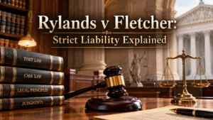 Legal graphic with the title “Rylands v Fletcher: Strict Liability Explained” shown over a courtroom-style background with a gavel, law books, and scales of justice.