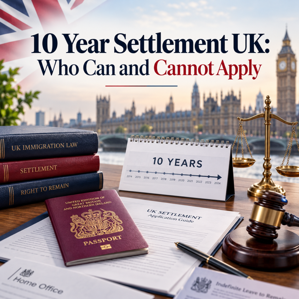 10 Year Settlement UK guide featuring a British passport, UK immigration documents, legal books, scales of justice, and Big Ben, explaining eligibility for settlement.