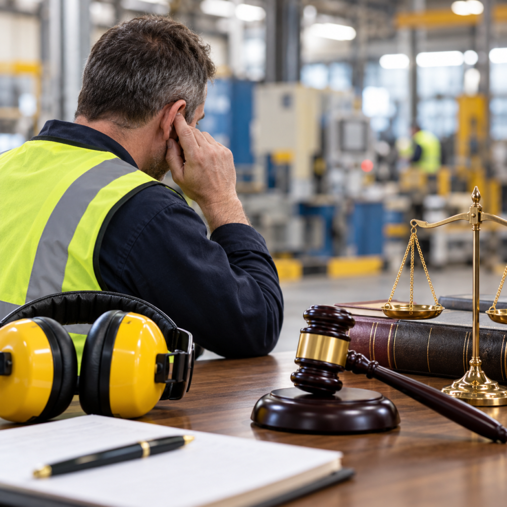 Hearing Loss Claim UK illustration showing a factory worker touching his ear, with protective hearing equipment, legal books, a judge's gavel, and scales of justice representing occupational hearing loss compensation.