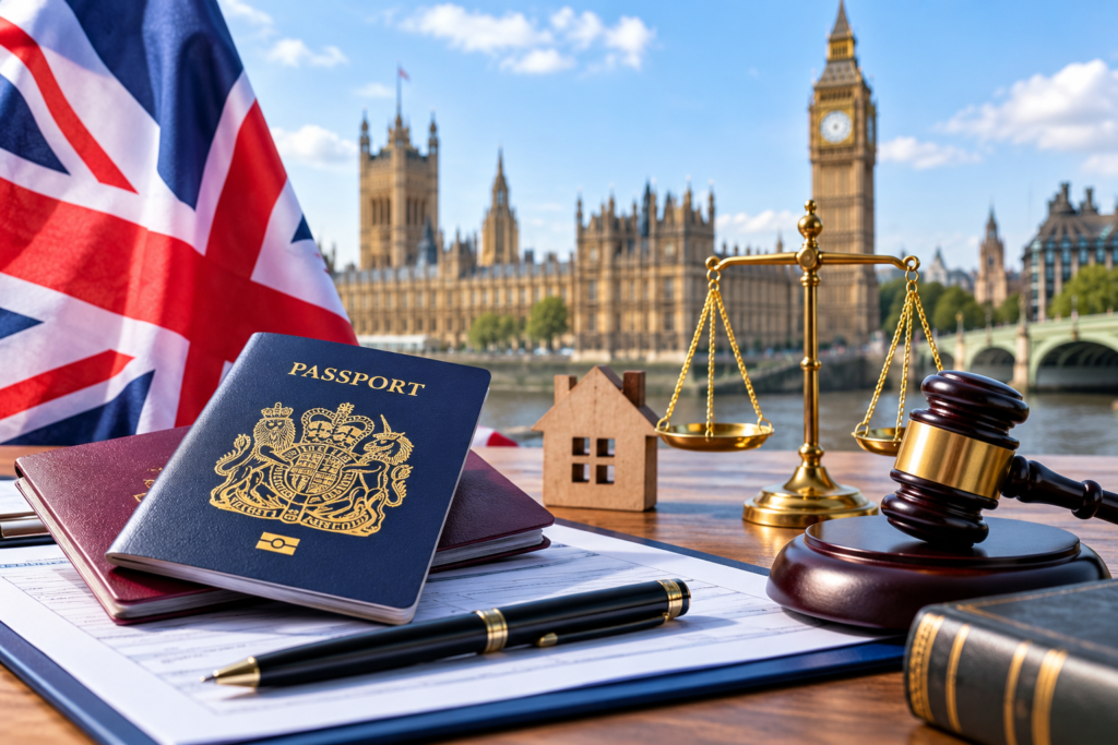 10 Year Settlement UK illustration featuring British passports, immigration application documents, a Union Jack flag, legal scales, and the Houses of Parliament in London.