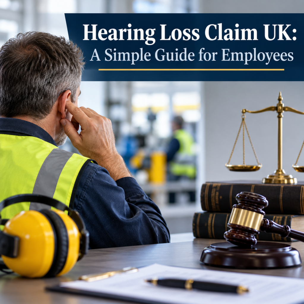 Hearing Loss Claim UK guide featuring a factory worker experiencing hearing difficulties, protective ear defenders, a judge's gavel, and scales of justice representing workplace compensation claims.
