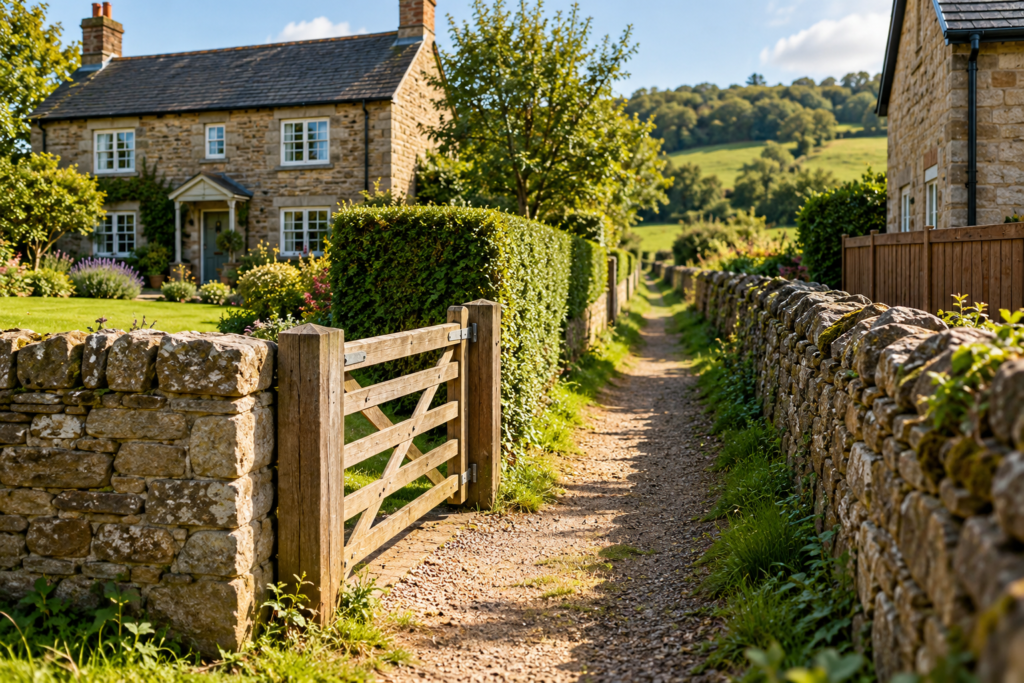 Easment UK example showing a countryside property with a wooden gate and shared access pathway between neighbouring properties in England.