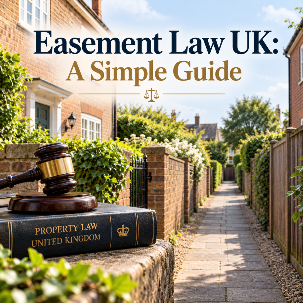 Easment UK legal guide featuring a traditional British property, shared access pathway, judge's gavel, and property law book explaining easement rights.